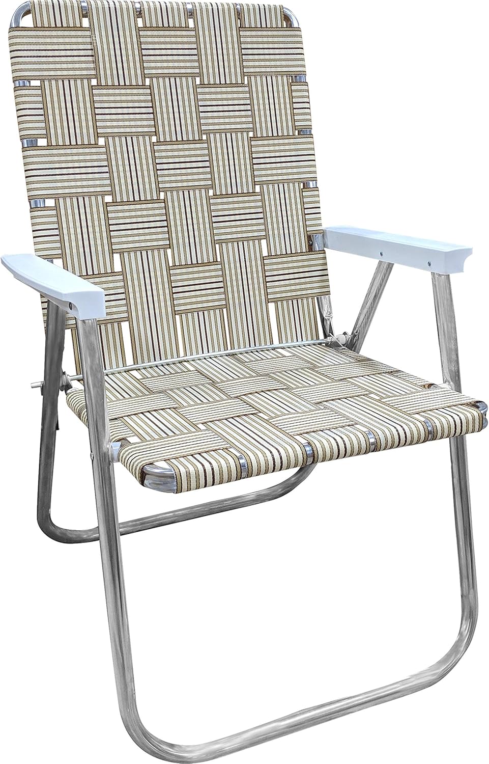 Lawn Chair USA Folding Aluminum Outdoor Patio Lawn Chair | Heavy-Duty Webbed Chairs for Camping, Sports, Beach, Yard & Tailgating | Lightweight Portable | Classic - Tan Stripe with White Arms