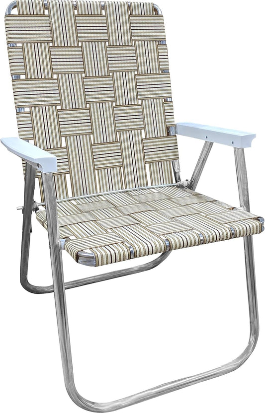 Lawn Chair USA Folding Aluminum Outdoor Patio Lawn Chair | Heavy-Duty Webbed Chairs for Camping, Sports, Beach, Yard & Tailgating | Lightweight Portable | Classic - Tan Stripe with White Arms