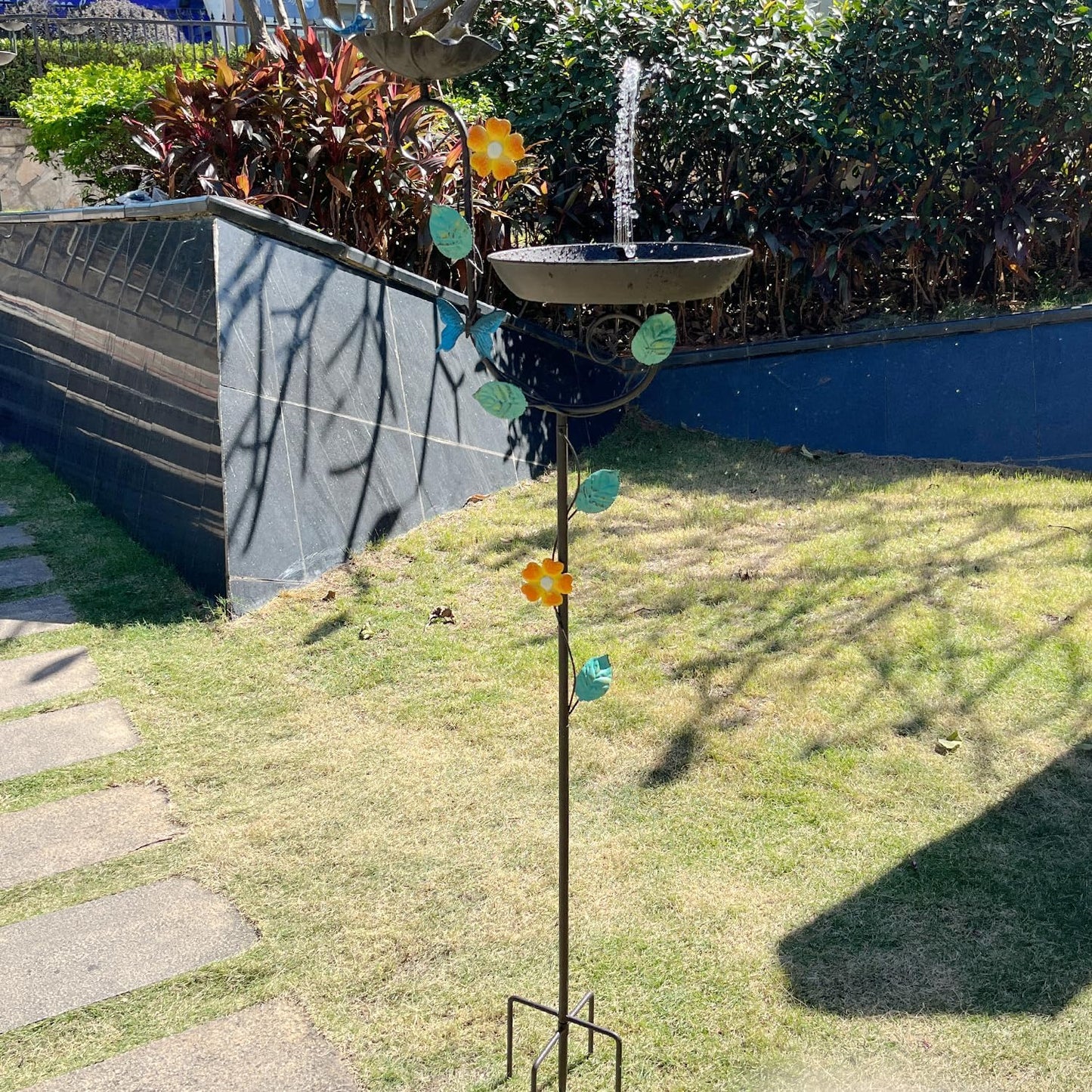 Free Standing Solar Bird Bath, 58" Tall Decorative Birdbath and Feeder Combo, Stake Bird Baths for Outdoors with Solar Fountain, 5 Spikes Floral Accent Birdbaths for Garden Patio Yard Lawn