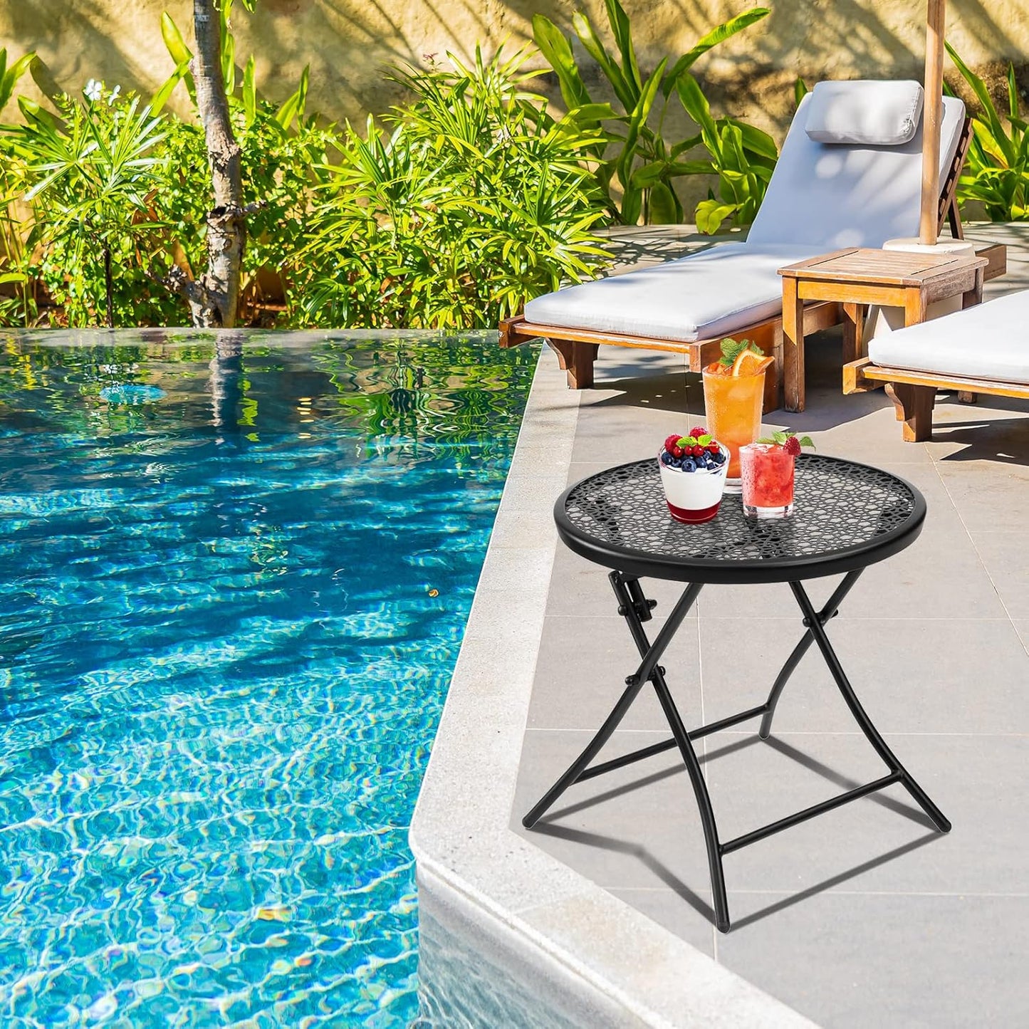 TeoKJ Folding Outdoor Side Tables, Anti Rust Small Patio Table Round Metal Nightstand with Flower Cutouts for Porch Yard Balcony Deck Lawn, Black