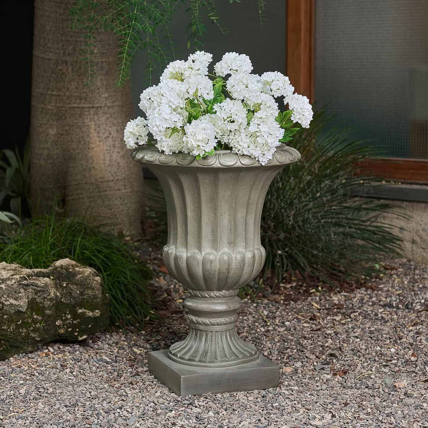 Christopher Knight Home Stella Outdoor Urn Planter with Drainage Hole, Mid-Century Modern Garden Urn, Large Garden Pot, Floral Relief Design, Sturdy MGO Outdoor Planter, Flower Urn, Gray