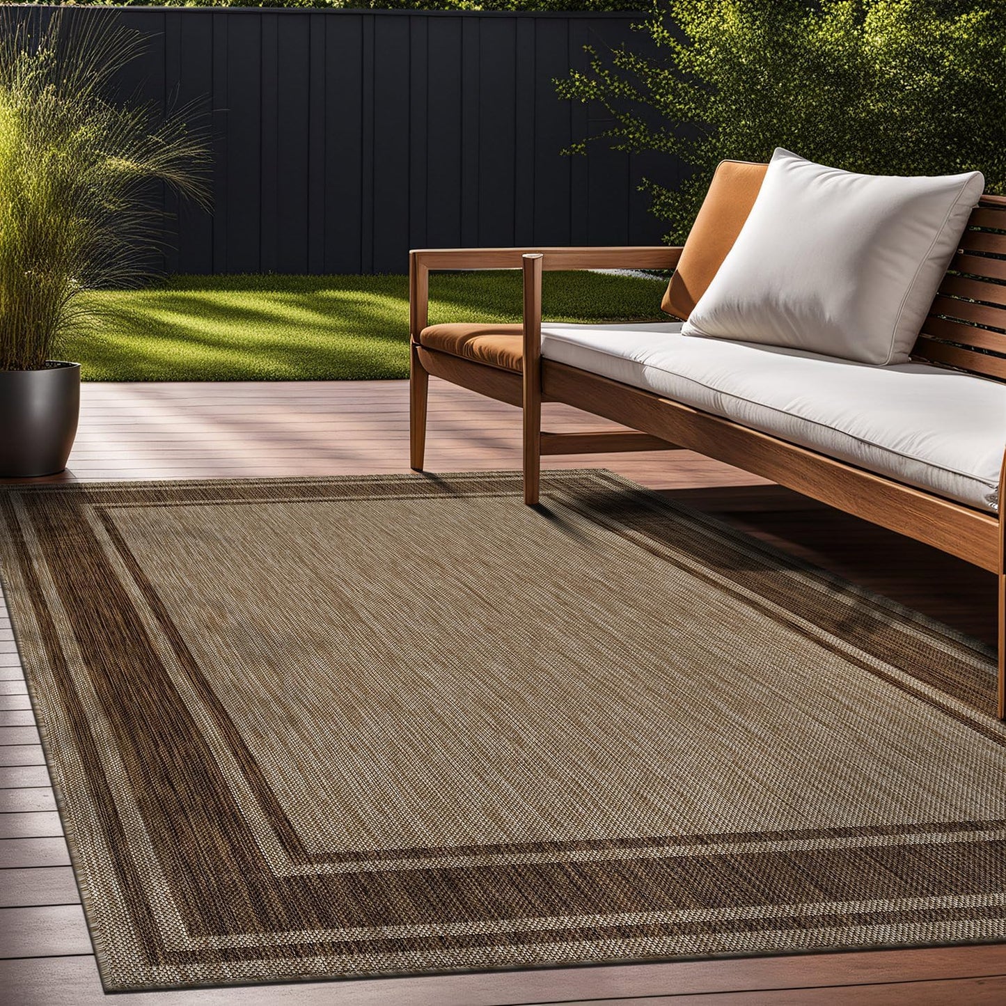 Beverly Rug Outdoor Rug 6x9 Modern Bordered Area Rugs for Indoor and Outdoor Patio Deck Porch Garden Waterproof Weather Sun Resistant Washable Outside Carpet (6 x 9 Jute)