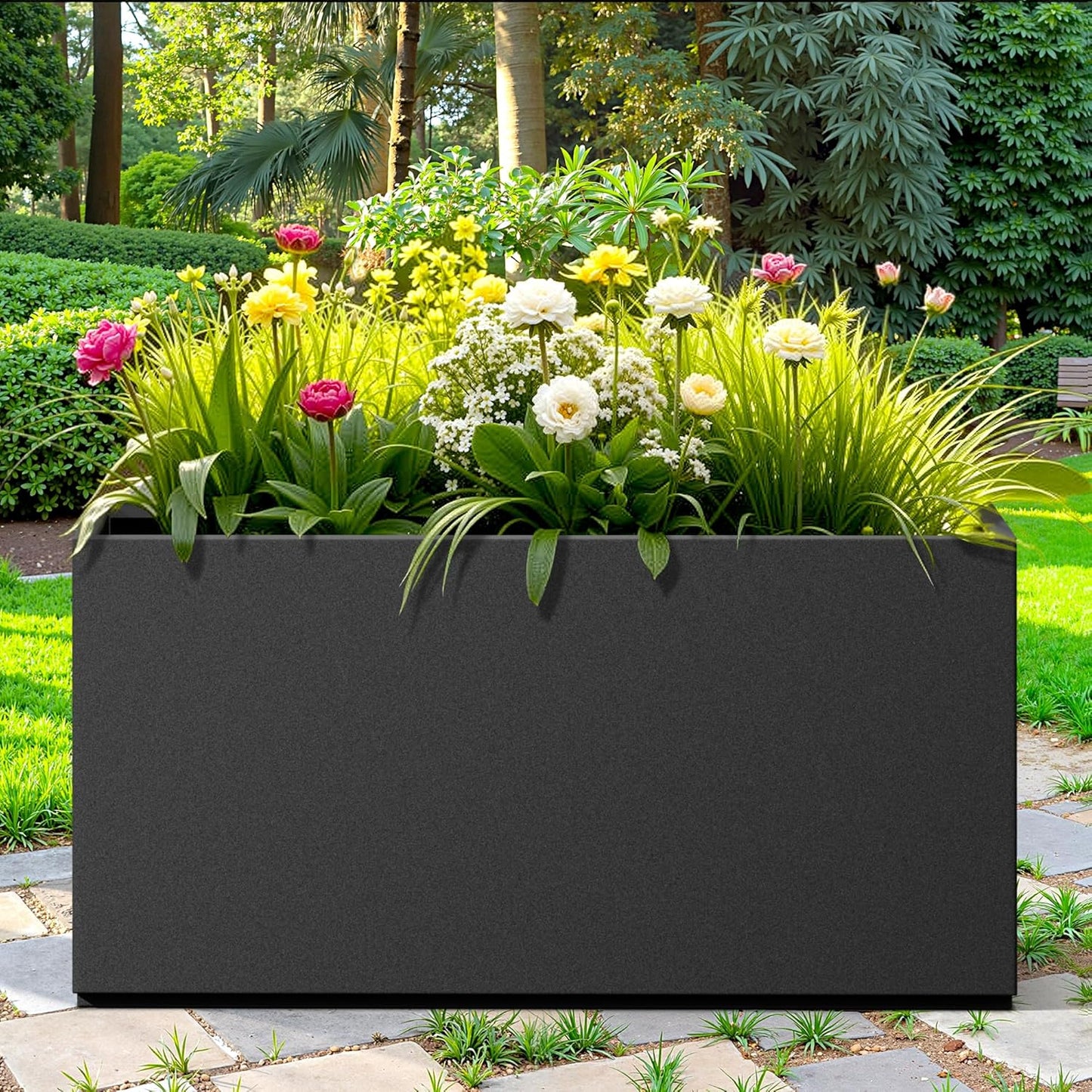 Rectangle Planter for Indoor & Outdoor, Tall and Long Planter Boxes with Drainage Holes, Mental Planter Box All-Weather Use for Plants, Flowers, 32" L x 10" W x 16.3" H, Black