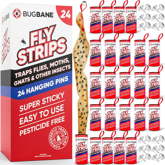Fly Strips Indoor Sticky Hanging 24pk with Pins. Non Toxic Outdoor Fly Trap Indoor for Home. Flies Tape Paper Trap Ribbon Roll for House Gnat Fruit and Housefly. Bug Catchers for Inside Home Flypaper