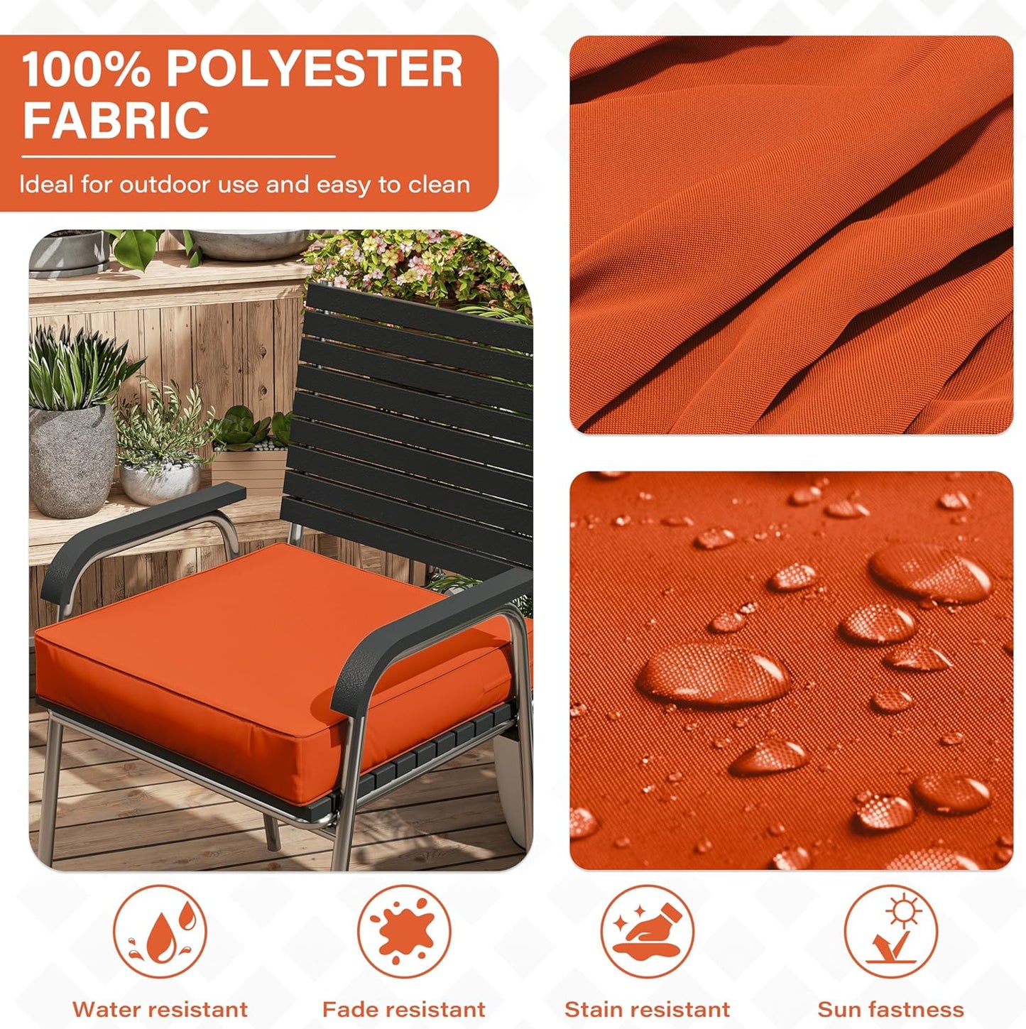 Patio Chair Cushions 19 X 19 X 4 Inch Waterproof Outdoor Seat Cushions for Patio Furniture, Outdoor Sofa Couch Pads with Ties & Handle, Set of 2, Orange