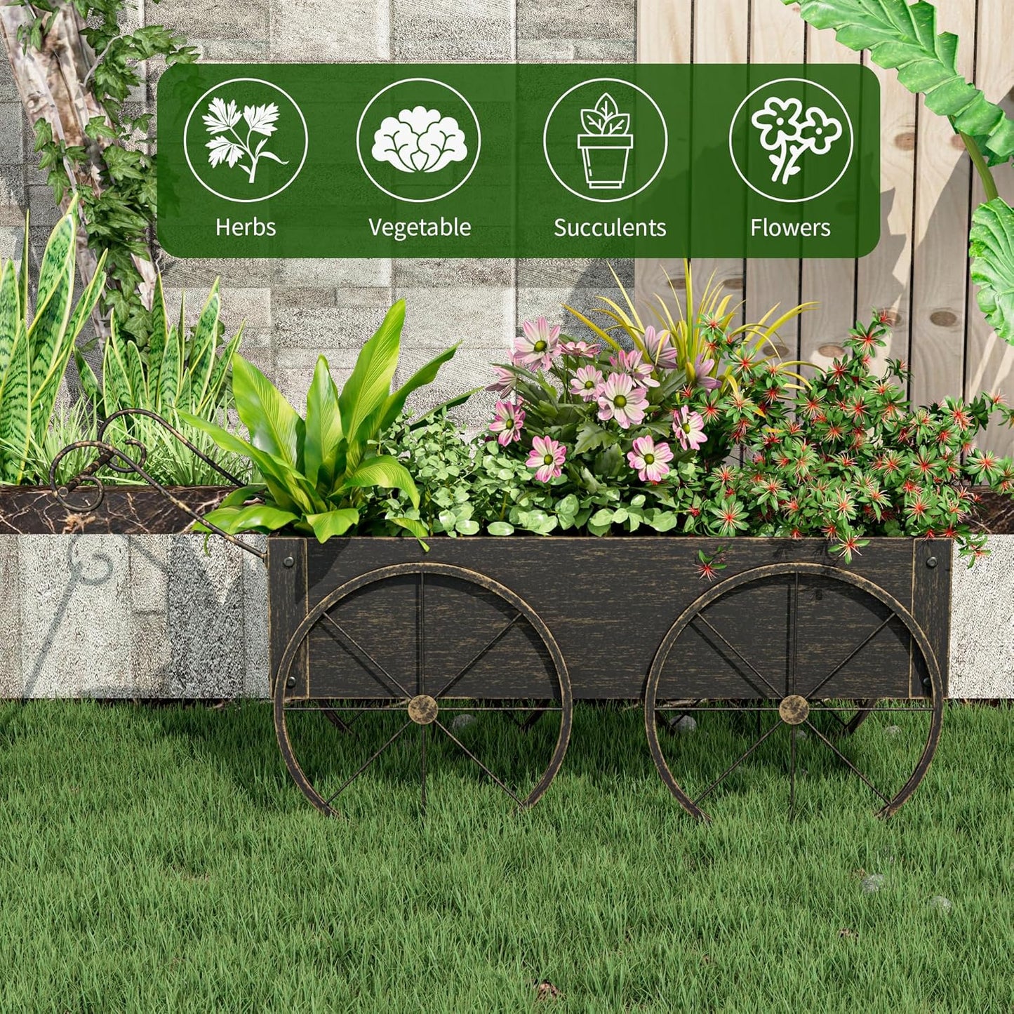 Small Raised Garden Bed Outdoor with Wagon Wheels, Metal Wagon Planter Box, Decorative Garden Planter for Flowers Herbs Vegetables, Flower Cart for Patio, Balcony (Retro Gold)