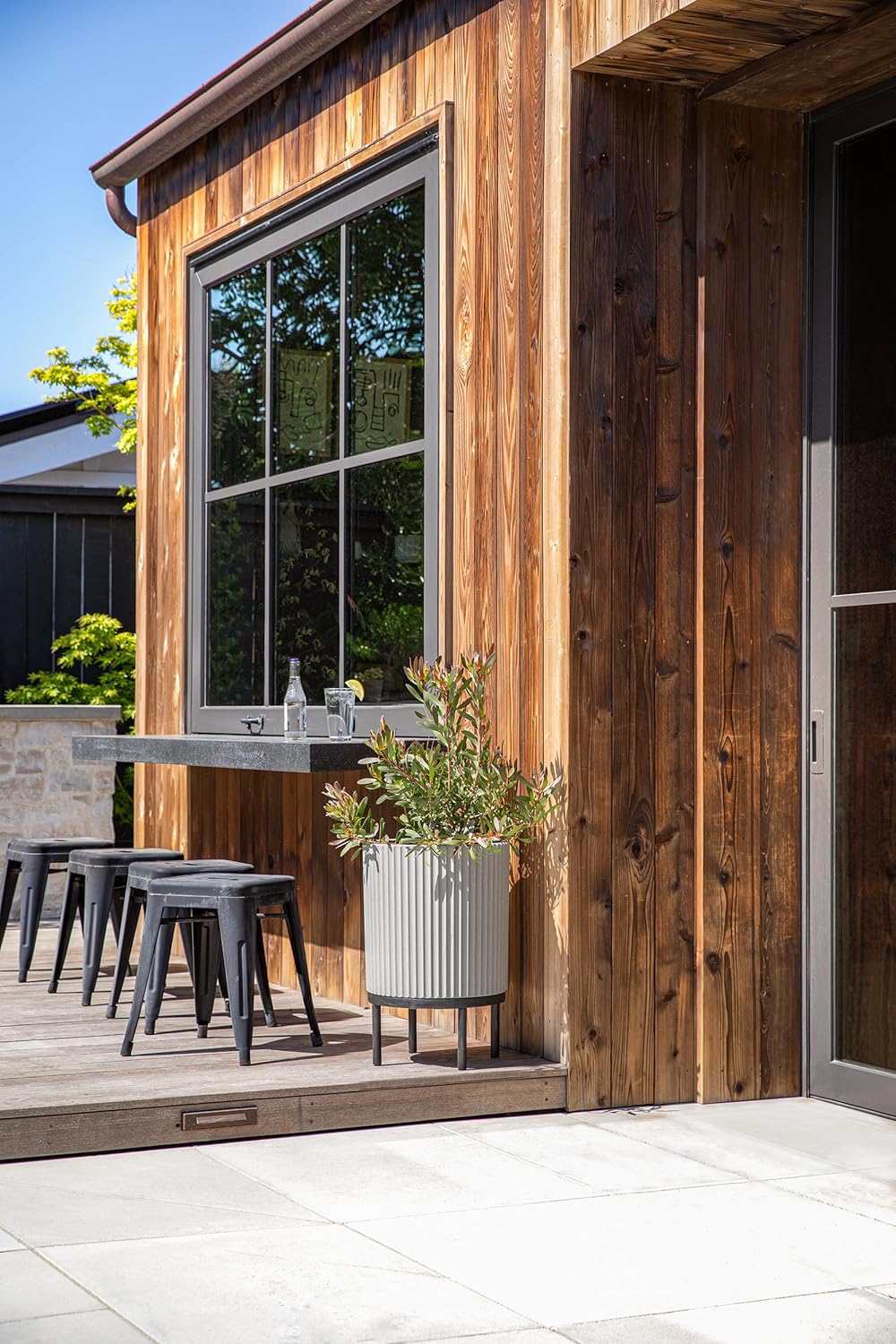 Veradek Demi Series Round Planter w/ Stand for Porch/Patio | Durable Plastic-Concrete & Wooden Stand | Modern Décor for Tall Plants, Flowers