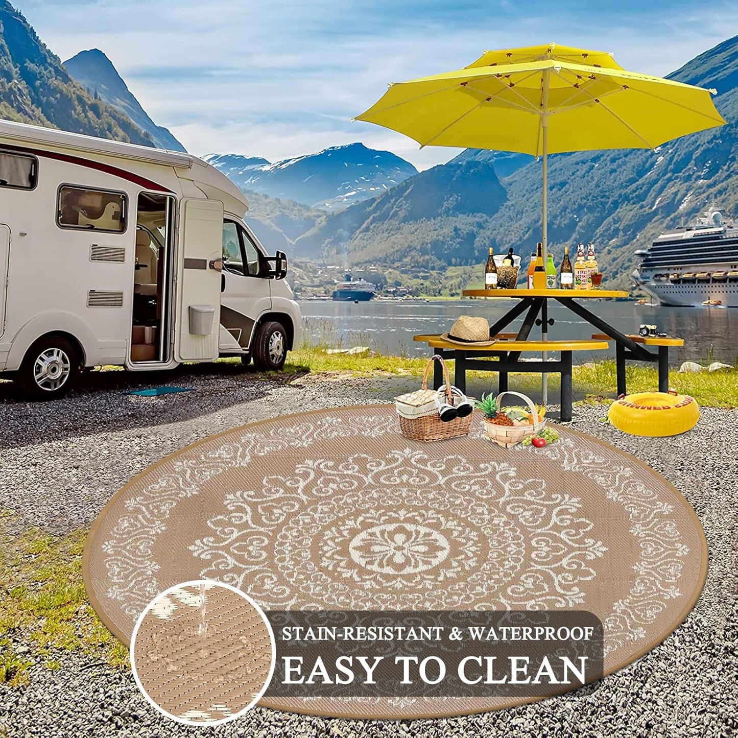 Pauwer Waterproof Outdoor Rug 8ft, Reversible Plastic Straw Patio Camping Rug, Indoor Outdoor RV Mat Carpet for Deck, Camper, Porch, Balcony, Backyard, Picnic, Floral Brown