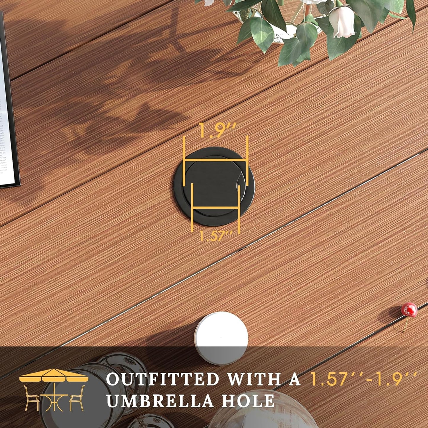 VICLLAX 60" Outdoor Round Patio Table for Lawn Garden, All Weather Metal Round Patio Dining Table with Adjustable Umbrella Hole, Oudoor Table for 8-10 Person, Walnut Wood-Like Tabletop