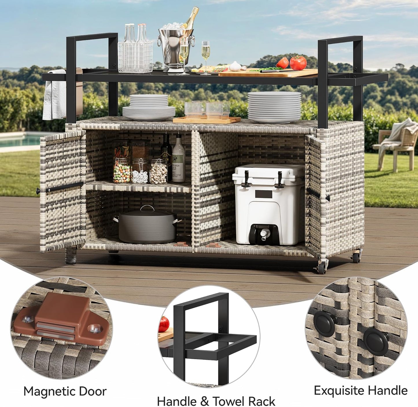 YITAHOME XL Outdoor Storage Cabinet, Outdoor Storage Cart with Wheels and Black Glass Table Top for Patio, Outdoor Cabinet for Poolside and Backyard (Gray Gradient)