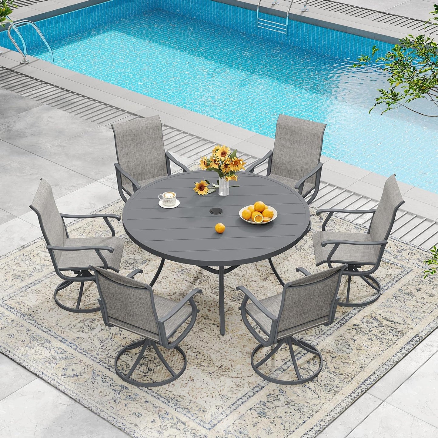 DIFY 50" Round Outdoor Patio Dining Table for 6, Metal Patio Table with 1.57" Adjustable Umbrella Hole, All-Weather Dining Furniture Table for Backyard Lawn Garden, Grey