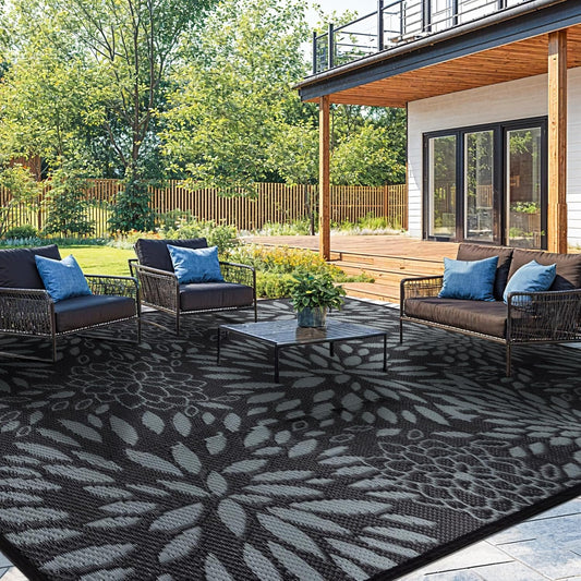 8'x10' Reversible Outdoor Rug - Eco-Friendly Plastic Straw Rug-Heavy-Duty Waterproof Mat, UV & Fade Resistant for Patio, Camping, RV, Deck, Balcony(8x10,Black&Floral)