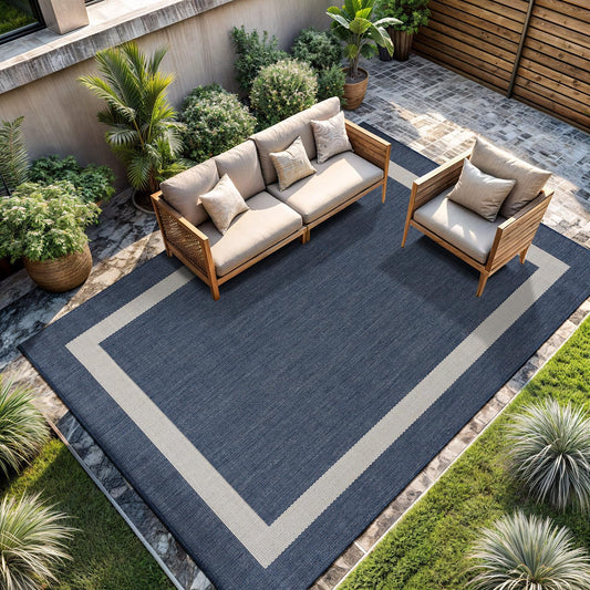 CAMILSON Outdoor Rug 6x9, Modern Outside Rugs for Patios Porches Waterproof Durable Washable Non-Shedding, Easy-to-Clean Indoor Outdoor Area Carpet (6 x 9, Bordered - Blue/White)