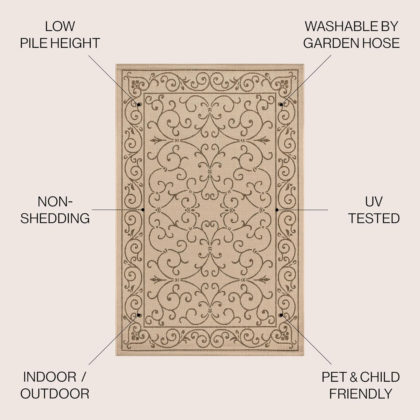 JONATHAN Y SMB106A-4R Charleston Vintage Filigree Textured Weave Beige/Brown 4' Round Indoor/Outdoor Area Rug, Pet Friendly, Non-Shedding, Stain Resistant, Easy-Cleaning for Backyard, Patio, Porch