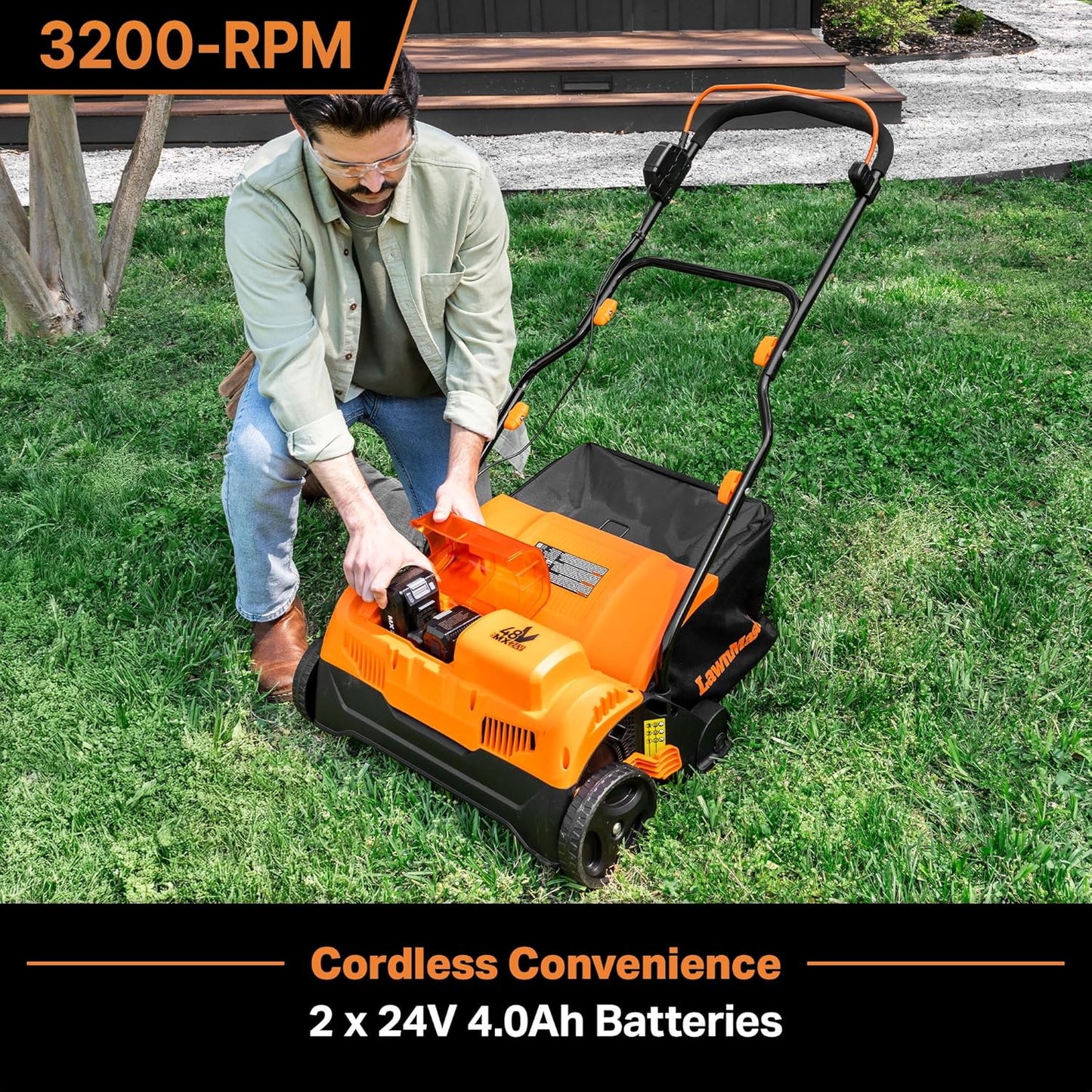 LawnMaster 48V MAX Brushless 16” Cordless Scarifier & Dethatcher with Removable Thatch Collection Bag Quick-Fold – CLGVB4816