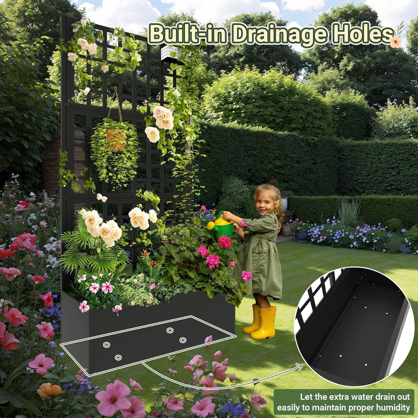 Metal Planter with Trellis 72" x 36’’ x 16", Raised Garden Bed with Trellis, Planter Box with with Privacy Screen for Climbing Plants, Flowers, Vegetables, Fruits