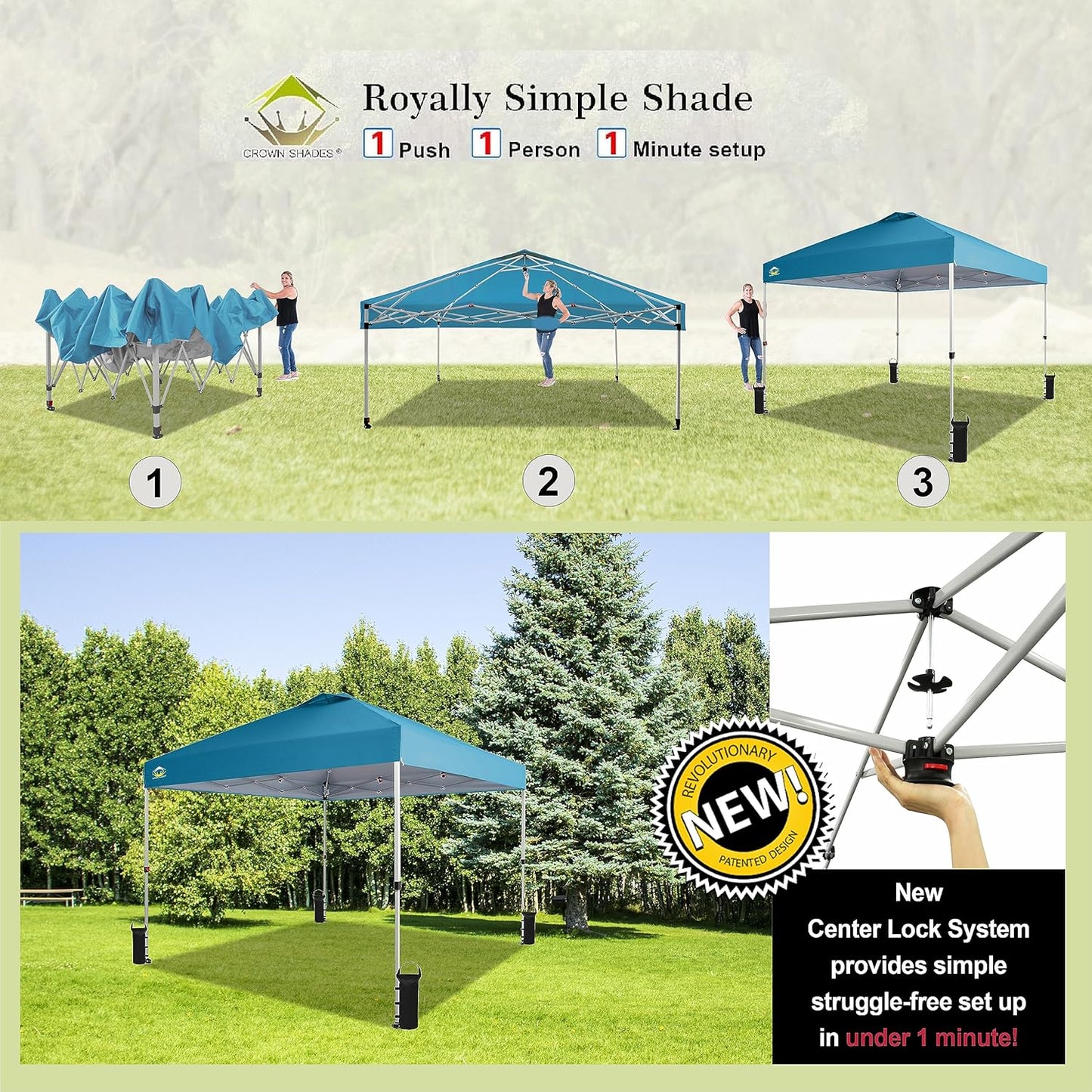 CROWN SHADES 10x10 Pop Up Canopy - Beach Tent with One Push Setup - Easy Outdoor Sun Shade for Events, Parties, Camping - Gazebo with STO-N-Go Cover Bag, Silver Coated Top, Cyan Blue