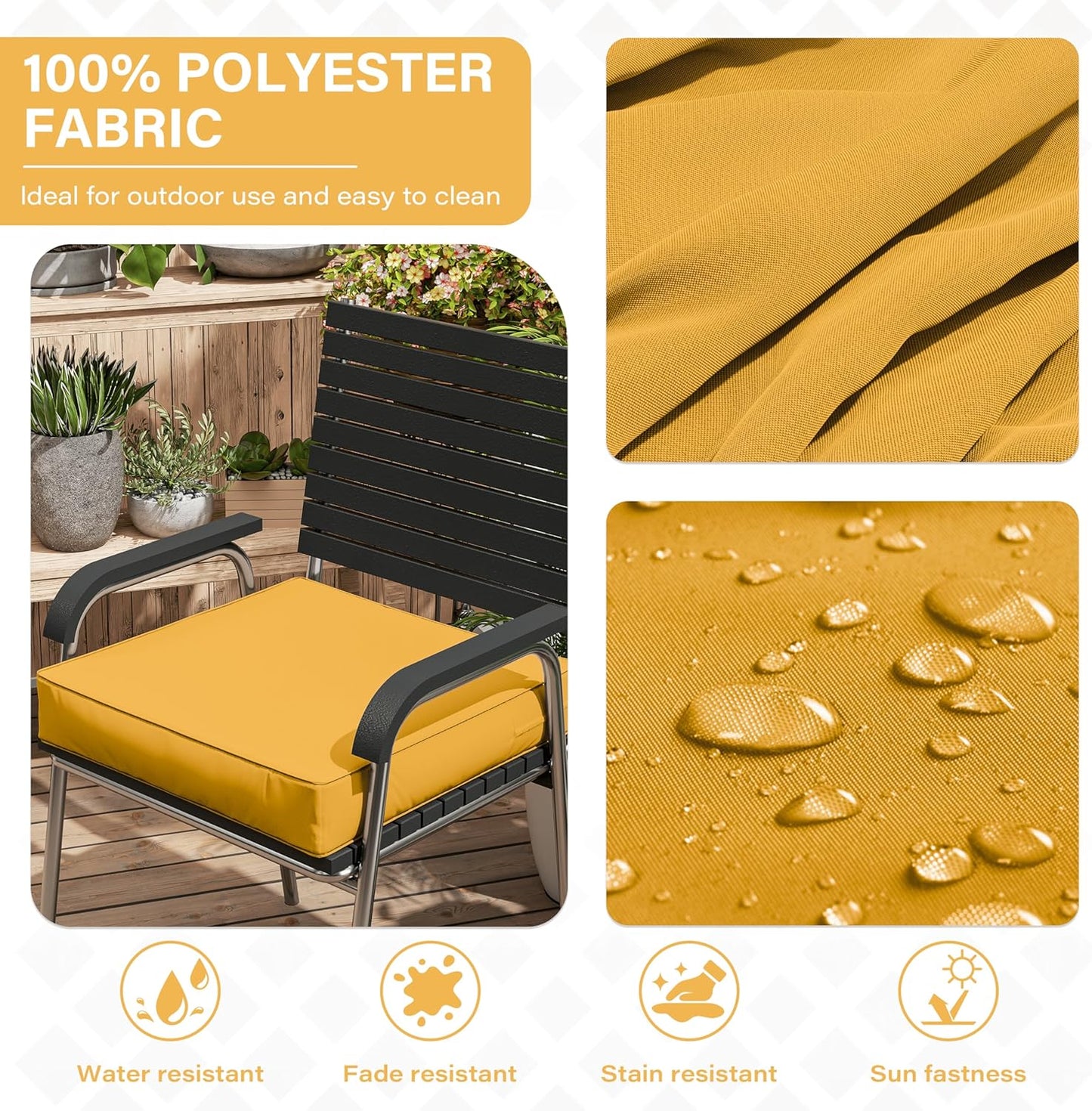 Patio Chair Cushions 18.5 X 16 X 4 Inch Waterproof Outdoor Seat Cushions for Patio Furniture, Outdoor Sofa Couch Pads with Ties & Handle, Set of 2, Yellow