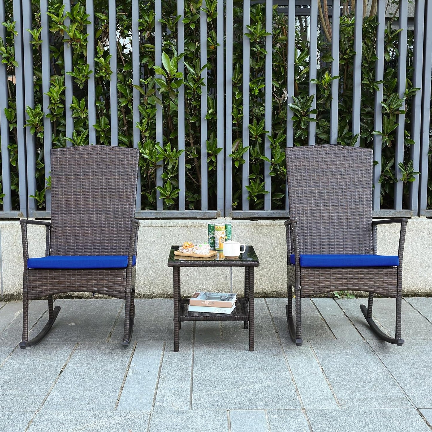 Outdoor Rocking Chairs Set - 3 High-Backed Patio Rockers with Bistro Table & Anti-Slip Cushions, Dark Blue