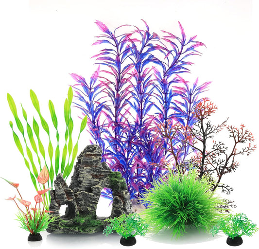 JIHAQUA Auarium Ornaments Fish Tank Decorations Plants with Resin Cave Rock View, 6pcs Decorations Plants Plastic,Fish Tank Accessories (Purple)