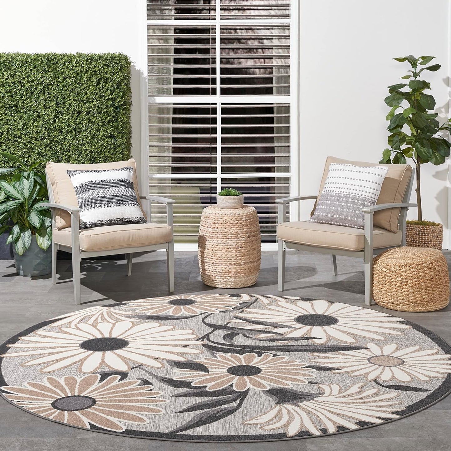 Nourison Home Aloha Indoor/Outdoor Beige 7’10” x Round Area Rug, Easy Cleaning, Non Shedding, Bed Room, Living Room, Dining Room, Backyard, Deck, Patio (8 Round)