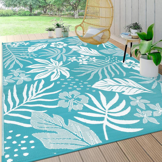 Pauwer Waterproof Outdoor Rug 8x10, Reversible Plastic Straw Patio Camping Rug, Indoor Outdoor RV Mat Carpet for Deck, Camper, Porch, Balcony, Backyard, Picnic, Floral Teal
