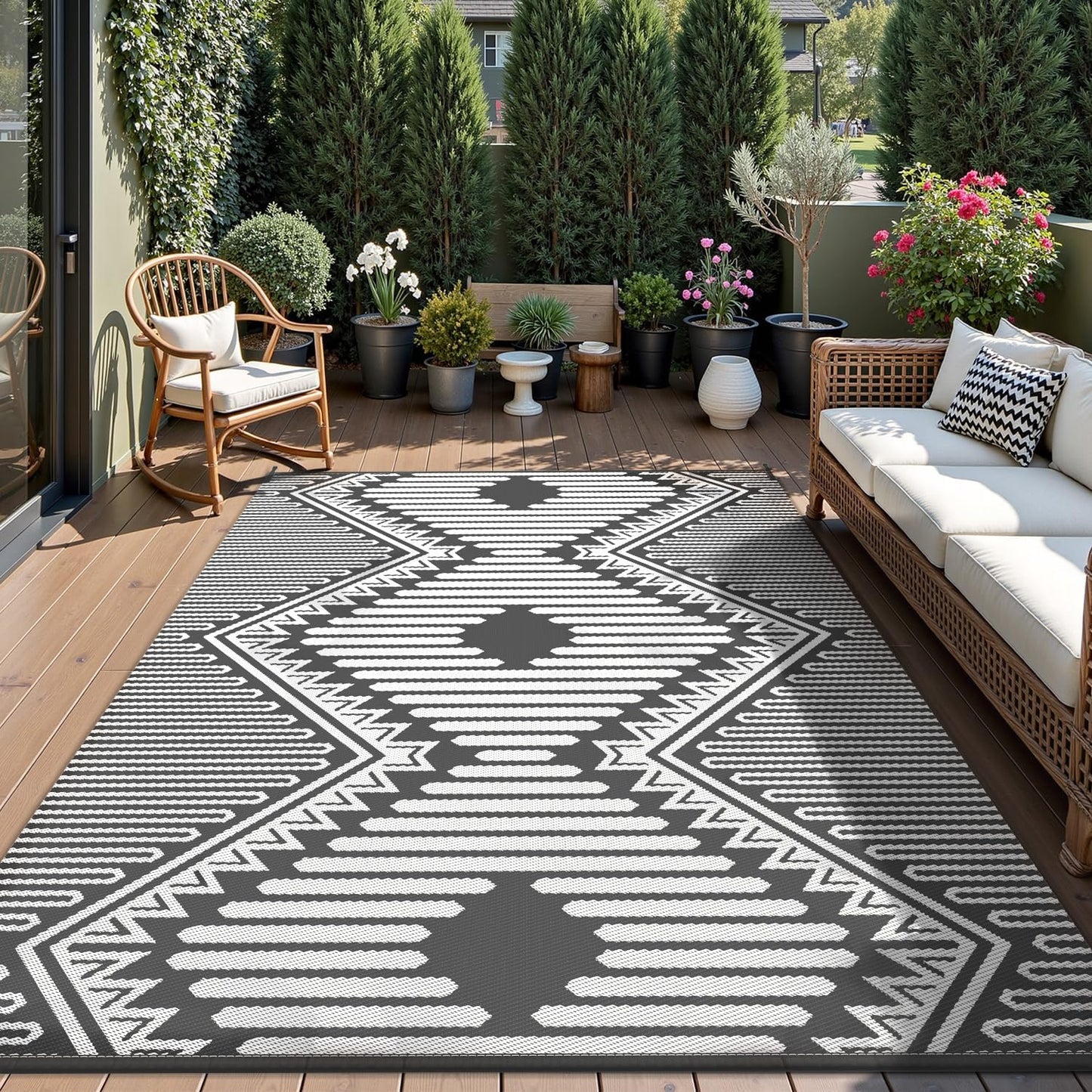 MontVoo Outdoor Rug-Waterproof Patio Rug Mat 5x8 Outdoor Carpet Mat Reversible Plastic Straw Outside Outdoor Rug for RV Camping Picnic Beach Balcony Backyard Pool Deck Porch Modern Boho Grey