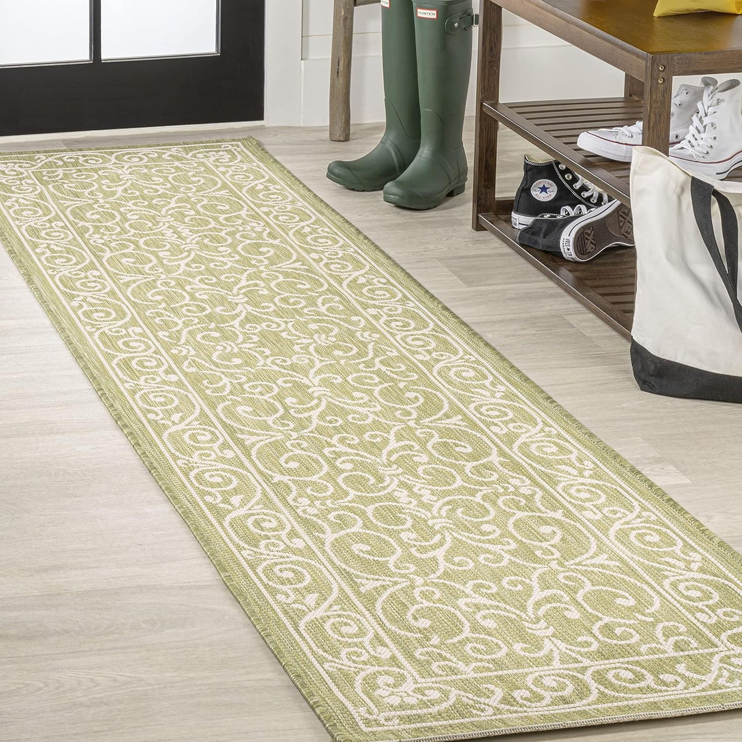 JONATHAN Y SMB106H-28 Charleston Vintage Filigree Textured Weave Indoor Outdoor Runner Rug, Coastal,Traditional,Transitional Easy Clean,Bedroom,Kitchen,Backyard,Patio, Non-Shed, Green/Cream, 2 X 8