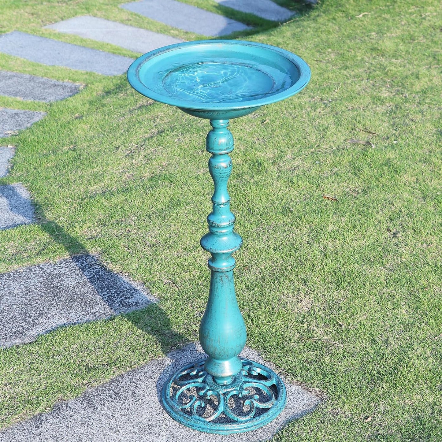 26.6”H Cast Iron Pedestal Bird Bath，Metal Birdbaths Bird Feeder Seed Tray for Garden Yard Decor -Blue.