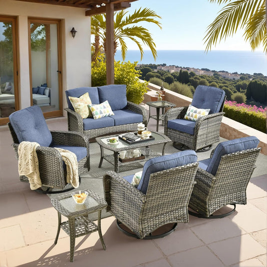 HOOOWOOO Patio Furniture Set,8 Pieces Outdoor Conversation Set,All Weather Wicker Loveseat Sofa Set with High Back Swivel Rocking Chairs Tables,Denim Blue