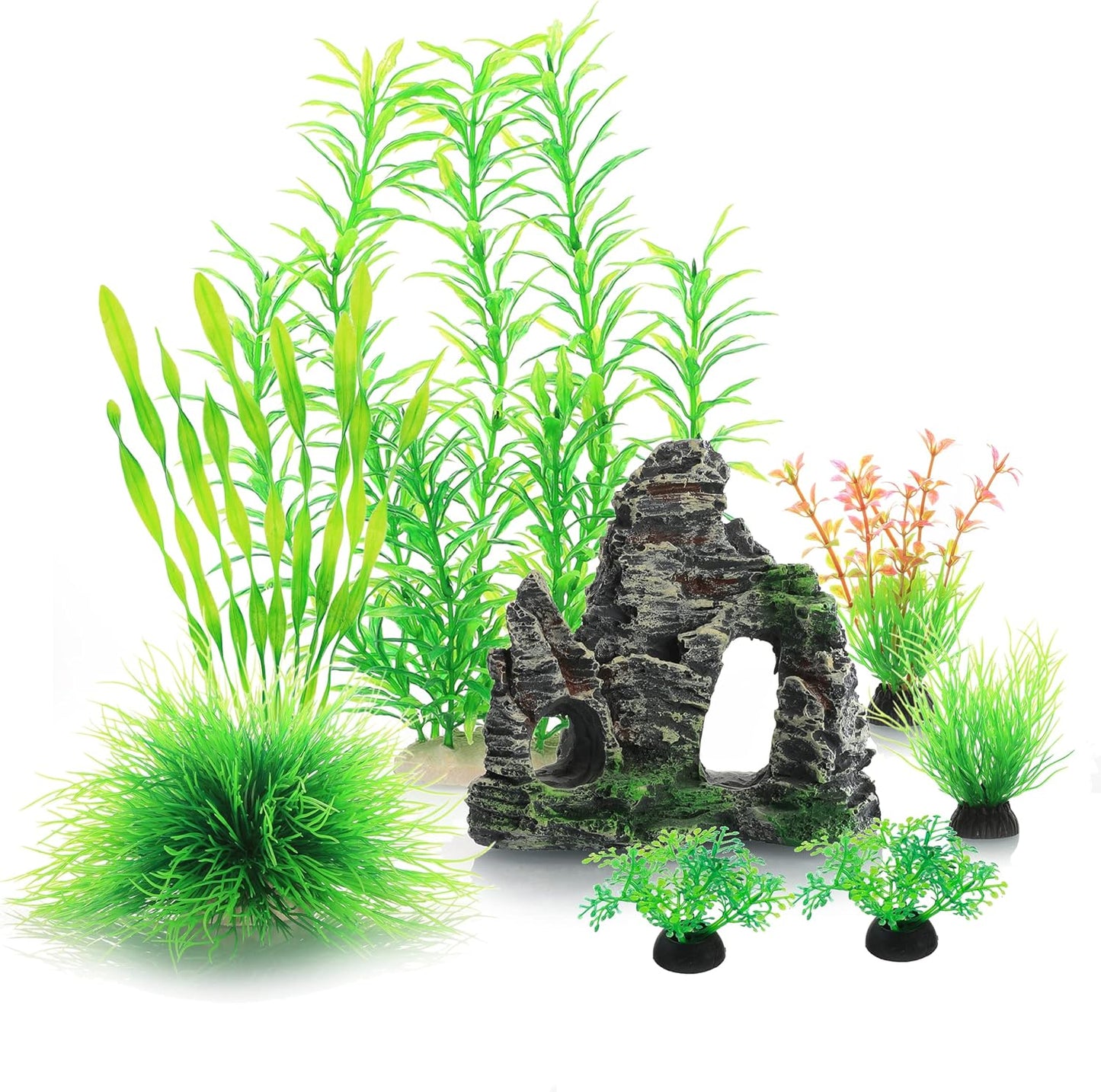 JIHAQUA Auarium Ornaments Fish Tank Decorations Plants with Resin Cave Rock View, 6pcs Decorations Plants Plastic,Fish Tank Accessories (Green)