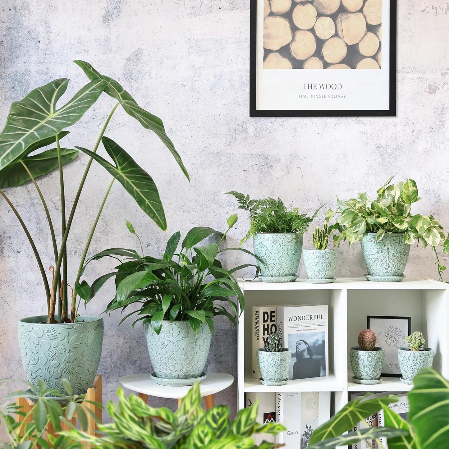 6 Inch Retro Ceramic Planter Set of 2 with Drainage Hole and Saucer for Plants, Indoor-Outdoor Garden Pots for Succulent, Orchid, and Flower (Fits Inner Pots Up to 5 Inches, Retro Green)