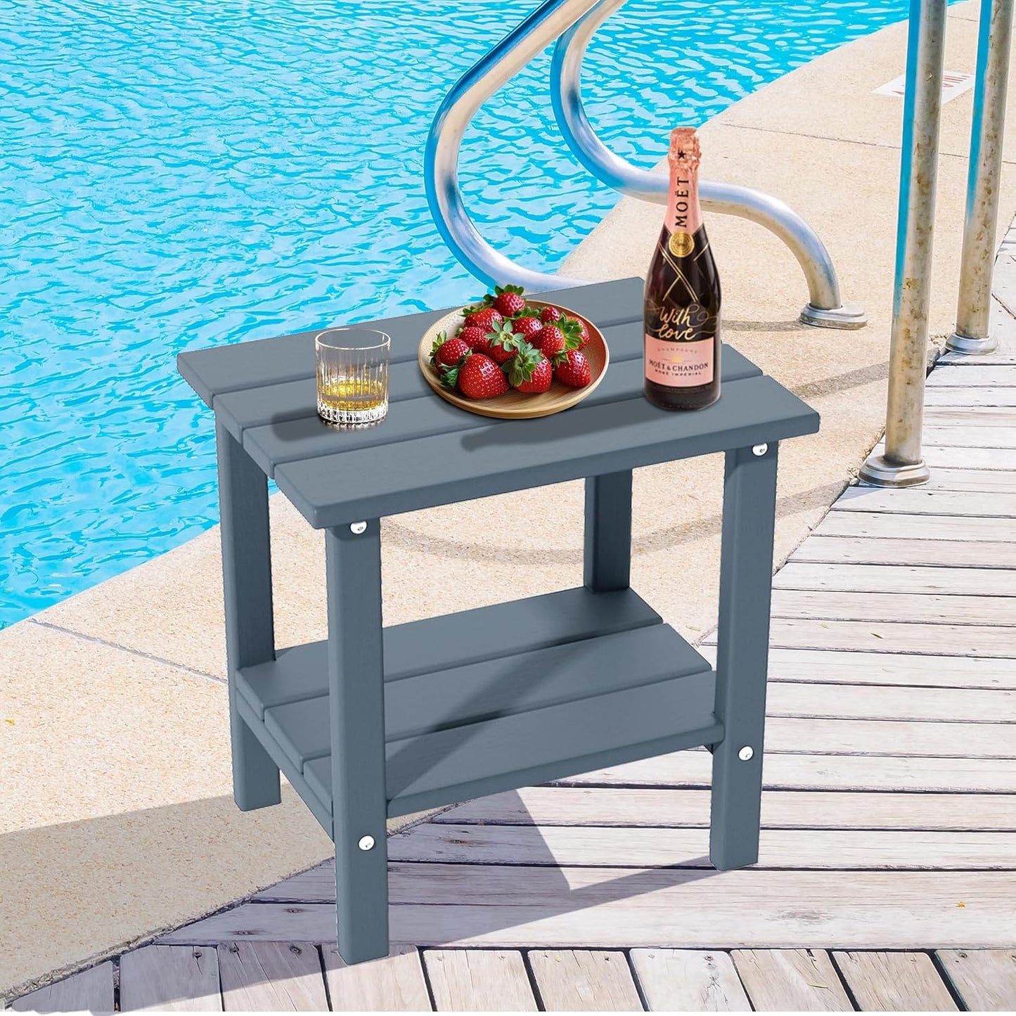 Outdoor Side Table, Weather Resistant HDPE Outdoor Table, 2-Tier Small Patio Tables for Outside or Indoor (Navy Blue)