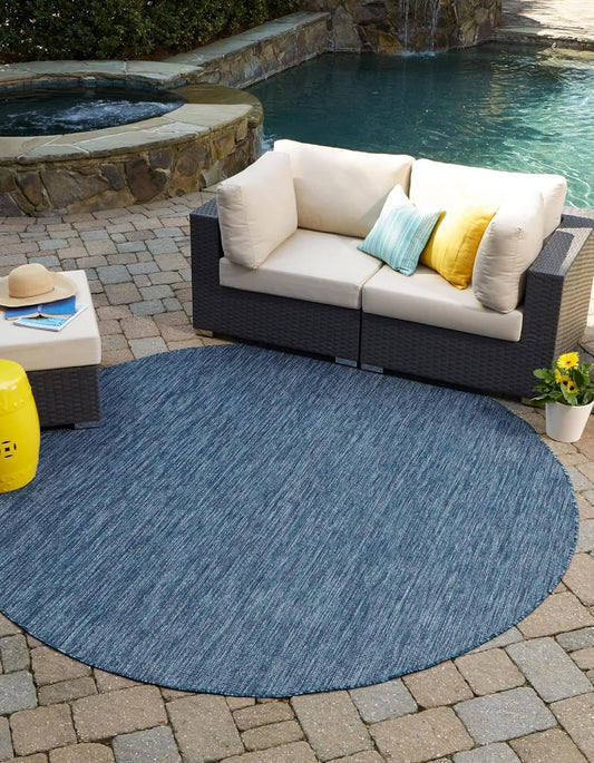 Unique Loom Collection Casual Transitional Solid Heathered Indoor/Outdoor Flatweave Area Rug (5' 1" Round, Blue/Navy Blue)