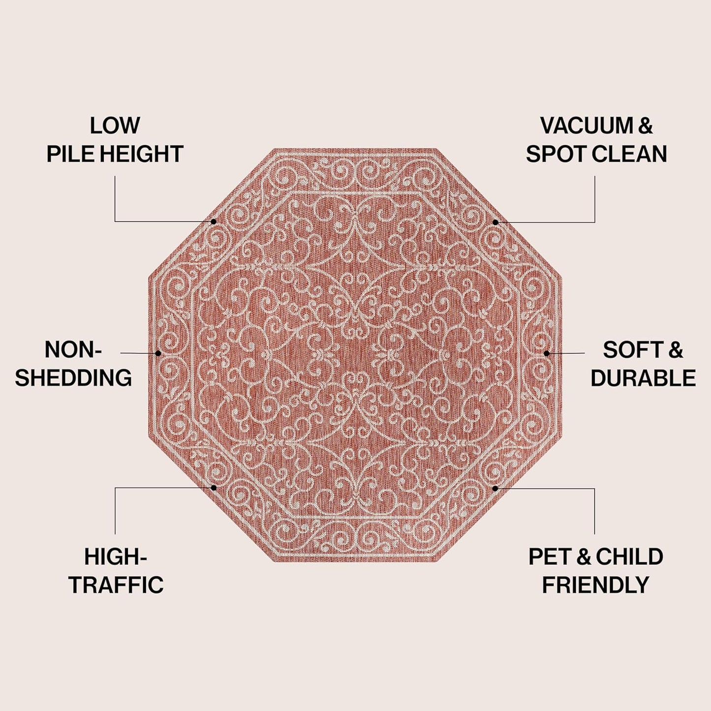 JONATHAN Y SMB106B-8TGN Charleston Vintage Filigree Textured Weave Red/Beige 8' Octagon Indoor/Outdoor Area Rug, Non-Shedding, Stain Resistant,Fade Resistant, Easy-Cleaning for Backyard Patio, Porch