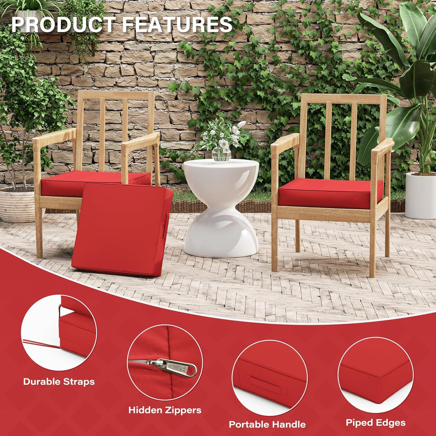 Patio Chair Cushions 17 X 16 X 3 Inch Waterproof Outdoor Seat Cushions for Patio Furniture, Outdoor Sofa Couch Pads with Ties & Handle, Set of 2, Red
