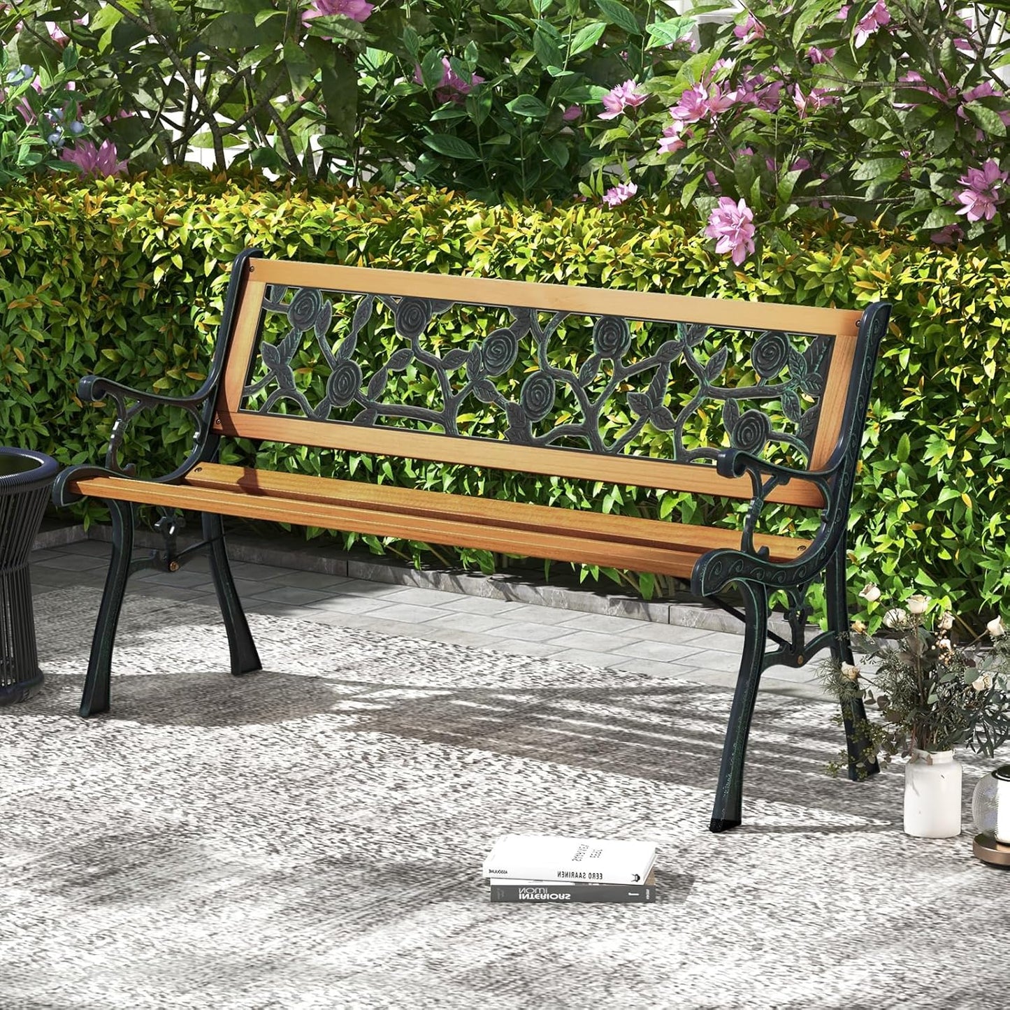 Tangkula Outdoor Garden Bench Park Bench, Patio Iron Bench Chair with Cast Iron & Hardwood Structure, Weather Proof Porch Loveseat, Perfect for Backyard, Deck, Lawn, Poolside