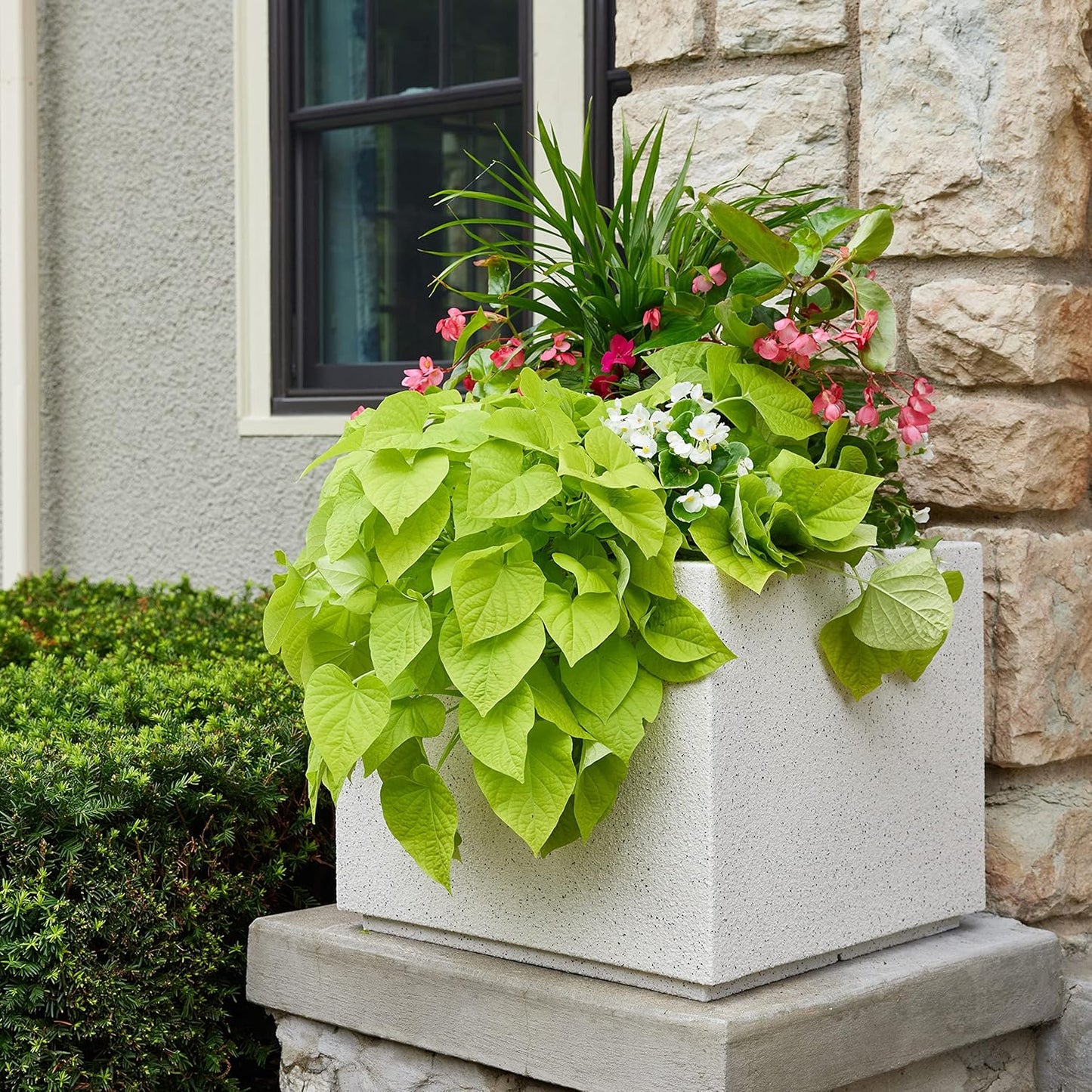 PolyStone Monterray Modern Outdoor/Indoor Square Planter, 23" L x 23" W x 19" H, Lightweight, Heavy Duty, Weather Resistant, Polymer Finish, Commercial Grade and Residential (White Granite)