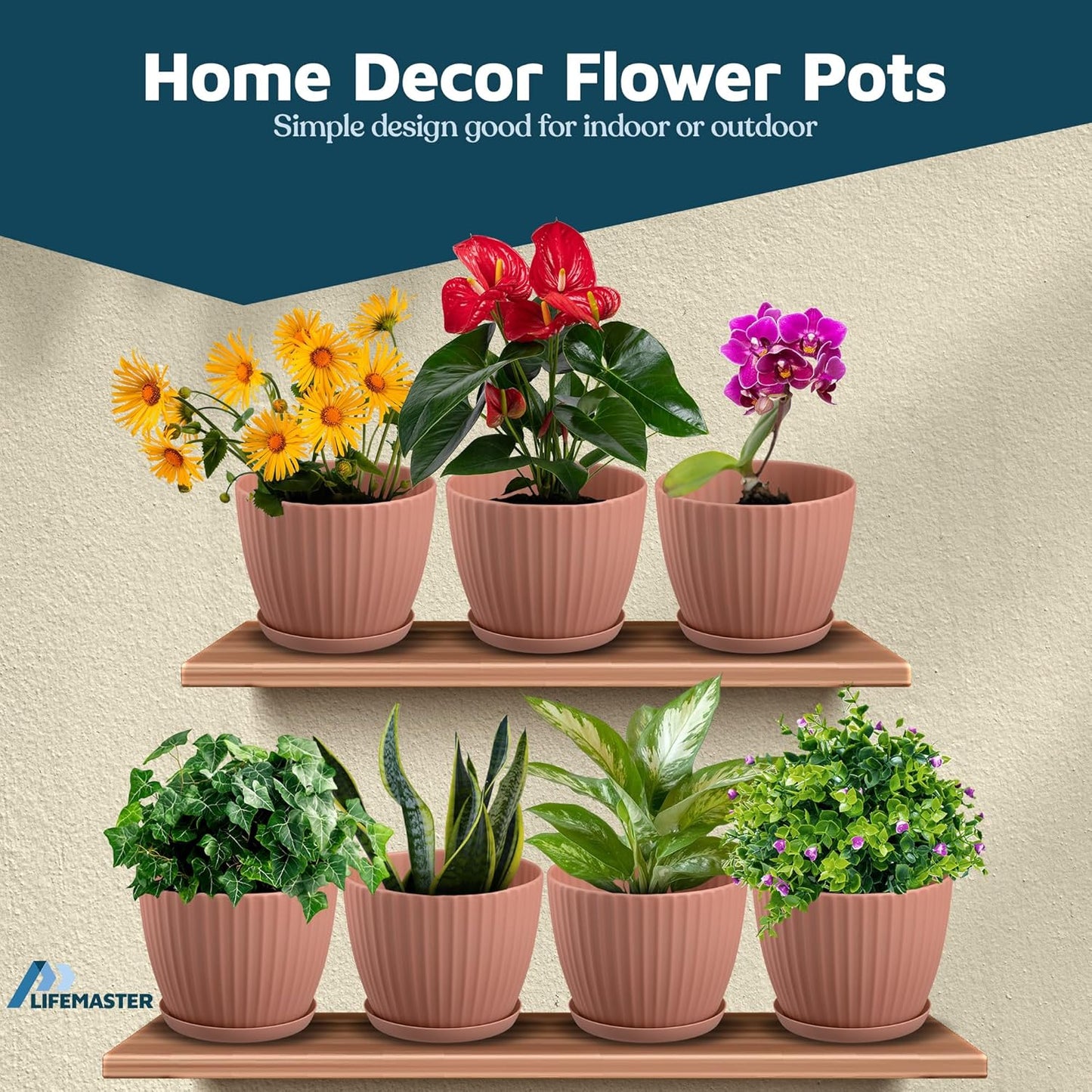 Pink 6-Inch Plant Pots with Drainage & Saucers 3 Pack, Indoor & Outdoor Planters for Houseplants, Herbs, and Flowers, Durable & Weatherproof Material, Stackable, Lightweight, Minimalist Design