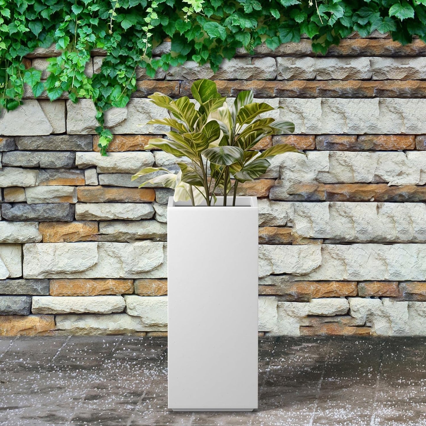 Kante 20.3" H Tall Rectangular Concrete Planter, Modern Square Diameter Plant Pot with Drainage Hole and Rubber Plug for Indoor Outdoor Home Patio Garden, Pure White