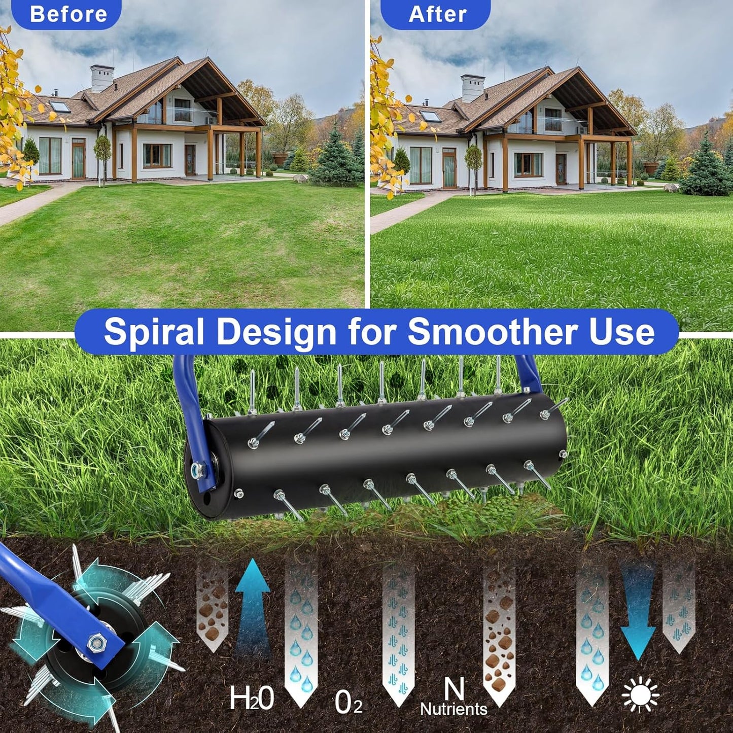 Lawn Aerator, 21" Push Coring Aerator,Preasembled Spike Gardening Aerator Tool,Lawn Plug Soil Aerator,Aerator Lawn Tool,75" Adjustable Handle with Quick Clip,Heavy Duty Aerator.