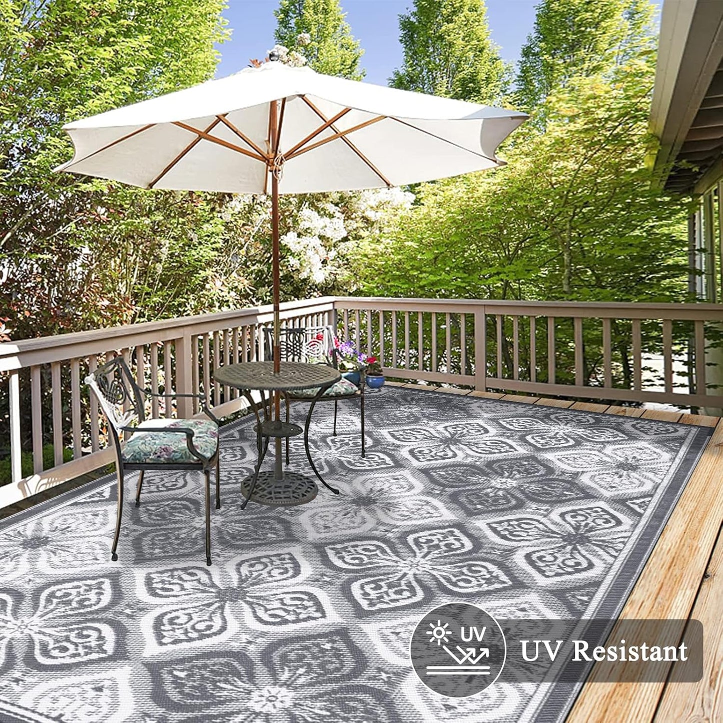 Pauwer Reversible Outdoor Rug, 6'x9', Waterproof, Polypropylene, Clover Grey, Area Rug for Patio, RV, Camping, Picnic, Backyard, Deck, Balcony, Porch