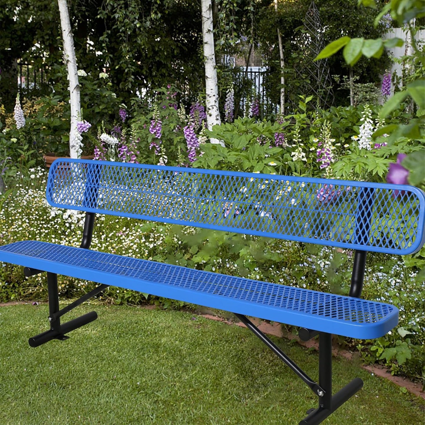 4/6/8 Feet Park Bench for Outside Heavy Duty Metal, Garden Benches Outdoor Bench with Backrest & Portable Frame, for Shopping Malls Stores Parks Patios Decks, Blue