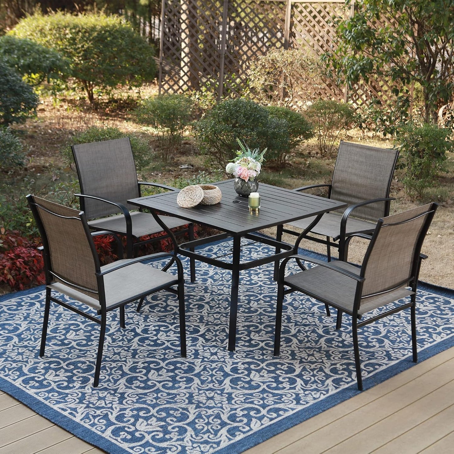 Outdoor Patio Square Dining Table, 37"x 37" Metal Slatted Tabletop with Adjustable Umbrella Hole for Deck Lawn Garden Backyard, Black