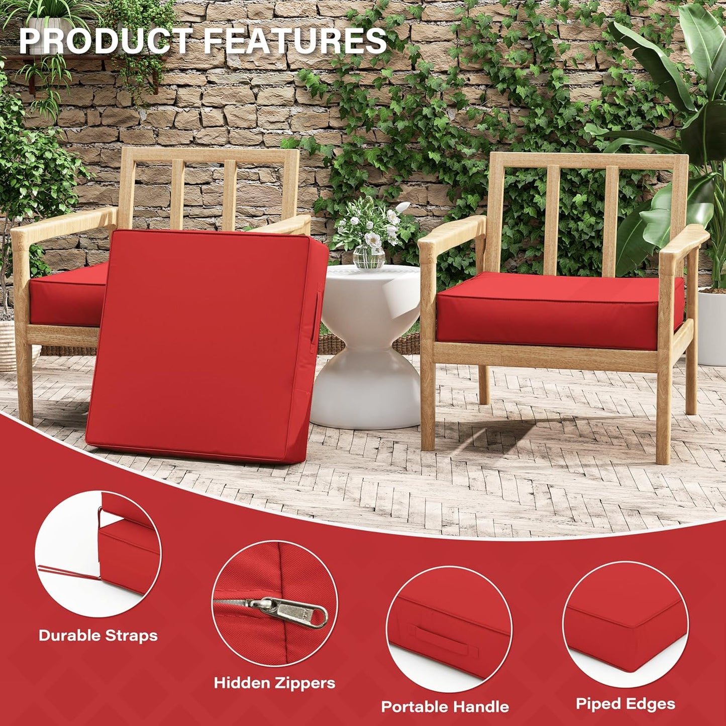 Patio Chair Cushions 24 X 24 X 5 Inch Waterproof Outdoor Seat Cushions for Patio Furniture, Outdoor Sofa Couch Pads with Ties & Handle, Set of 2, Red