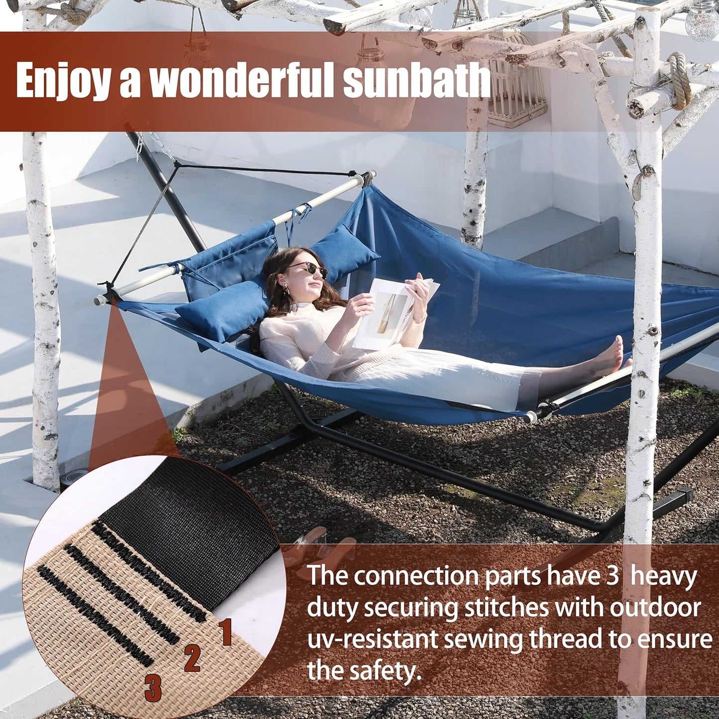 TegerDeger Anti-flip 12FT Hammock Large Hammock 450LB Capacity with Iron Spreader Bar & Nylon Rope for Outside, Patio, Garden, Backyard, Beach - Blue