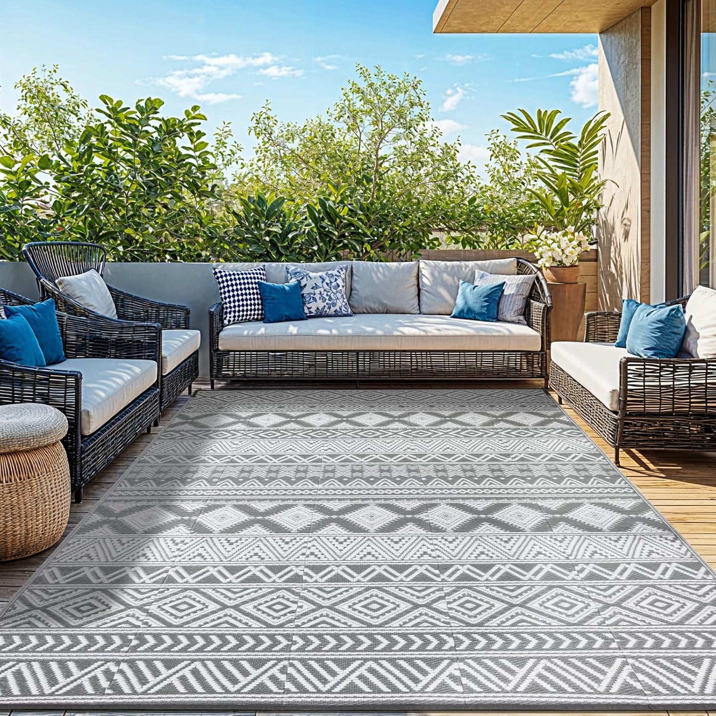 8'x10' Reversible Outdoor Rug - Eco-Friendly Plastic Straw Rug-Heavy-Duty Waterproof Mat, UV & Fade Resistant for Patio, Camping, RV, Deck, Balcony(8x10,Gray&White)