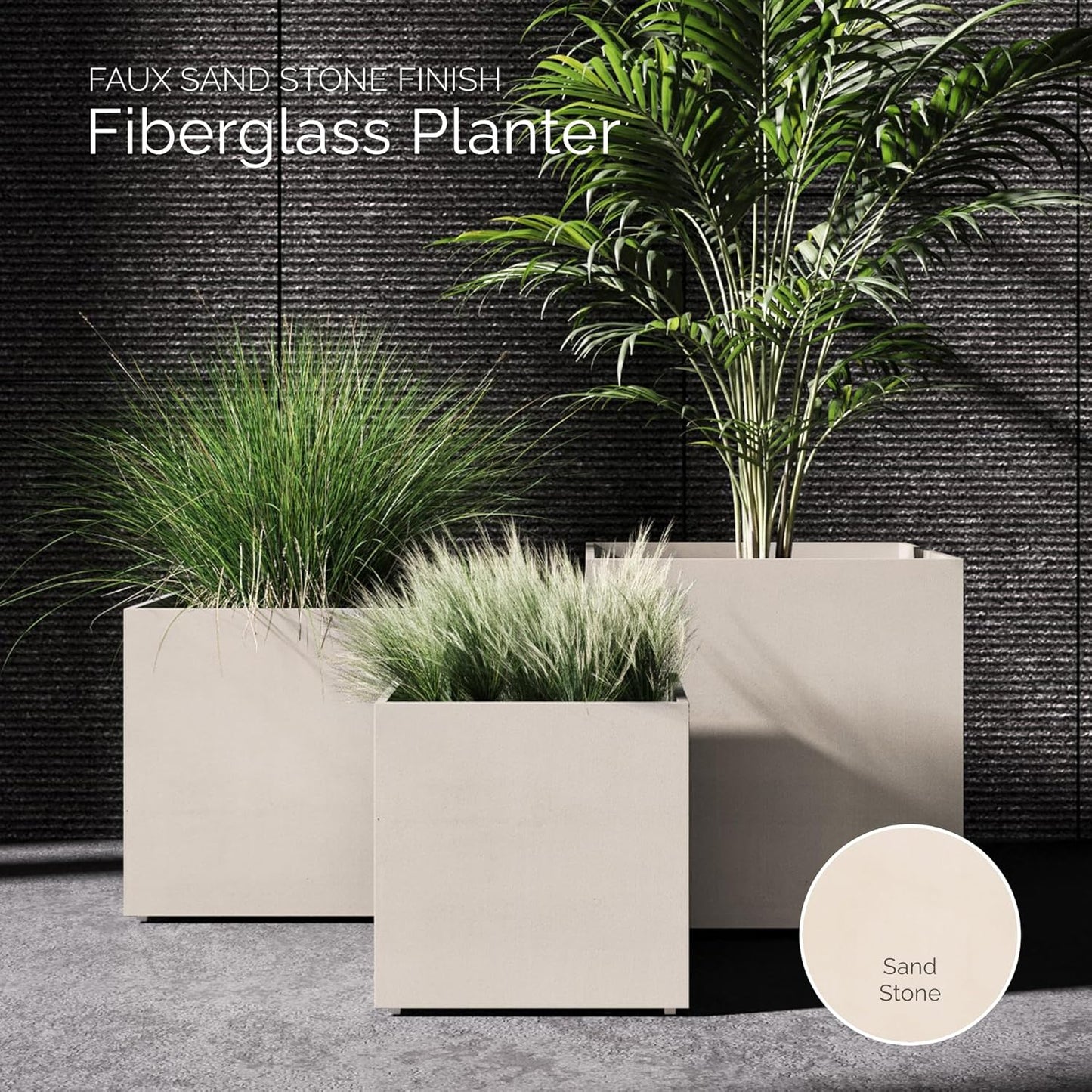 Reglito Cube Planter – Fiberglass Indoor/Outdoor and Weather-Resistant Large Planter (Sand Stone, 31.5" L x 31.5" W x 32.1" H)