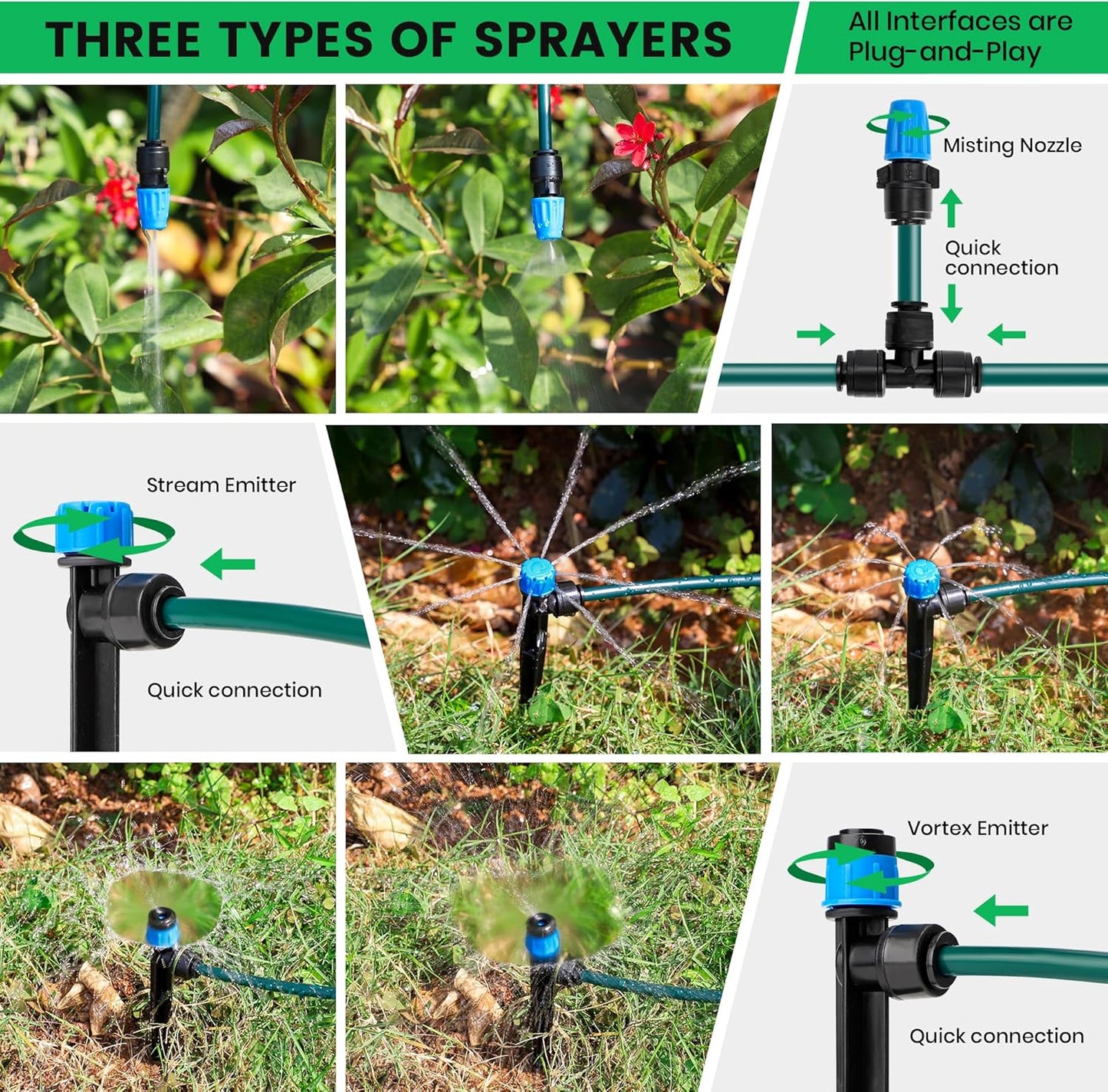 230FT Drip Irrigation System, Quick-Connect Automatic Garden Watering Misting System for Greenhouse, Yard, Lawn with 1/2 inch Hose, 1/4 inch Distribution Tubing, Drip Emitters, Connectors