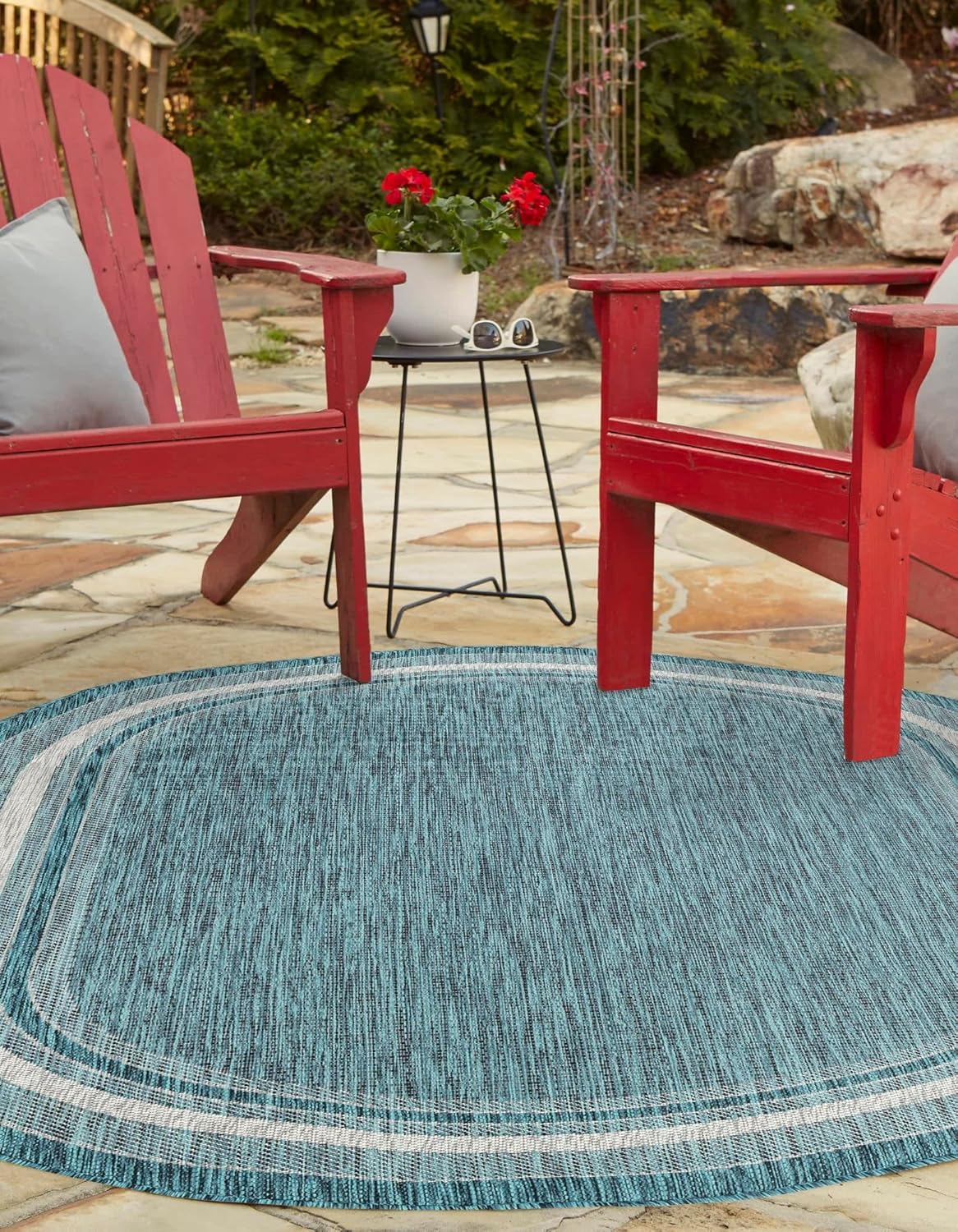 Unique Loom Outdoor Border Collection Area Rug - Soft Border (5' 1" x 8' Oval, Teal/ Ivory)
